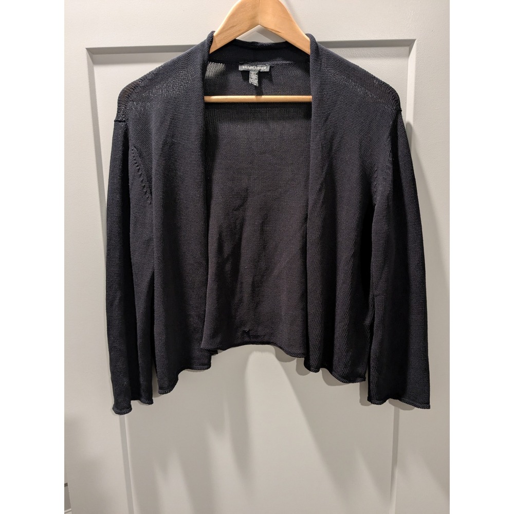 Eileen Fisher Black Open Front Knit Cardigan Sweater Size L/G Lightweight (Read)